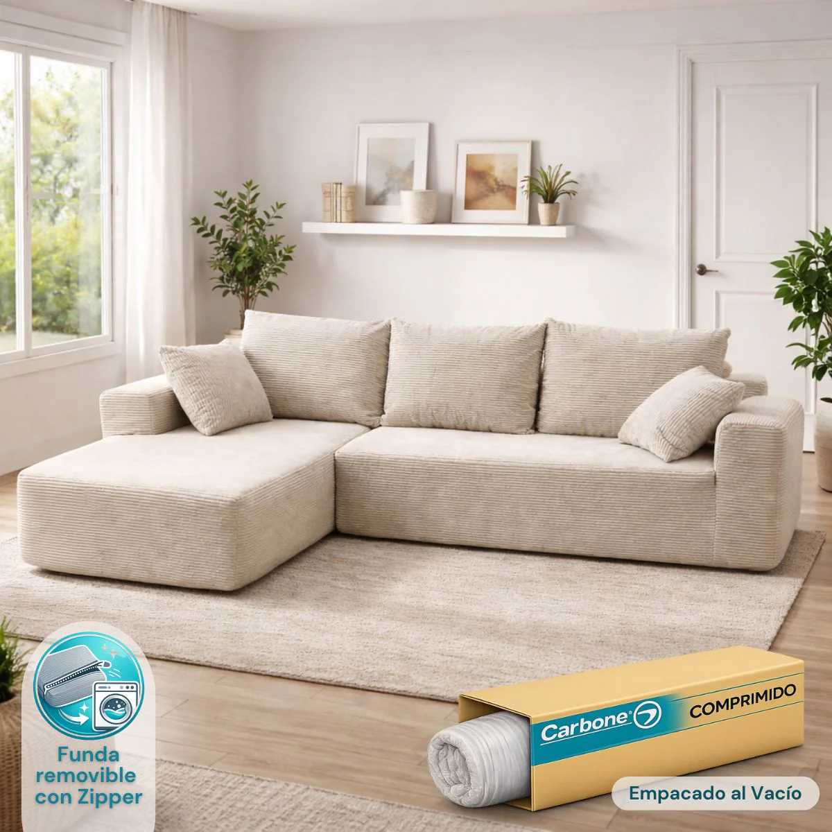 Sofá Seccional En L Empacado Al Vacio Memory Foam De Alta Densidad 175X92x63cm+170X93x63cm Color Beige Claro