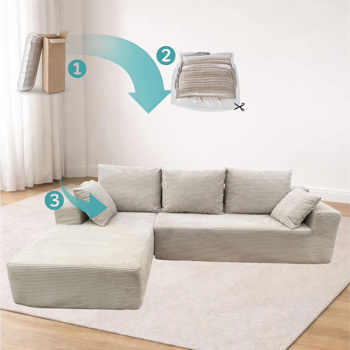 Sofá Seccional En L Empacado Al Vacio Memory Foam De Alta Densidad 175X92x63cm+170X93x63cm Color Beige Claro - Image 5