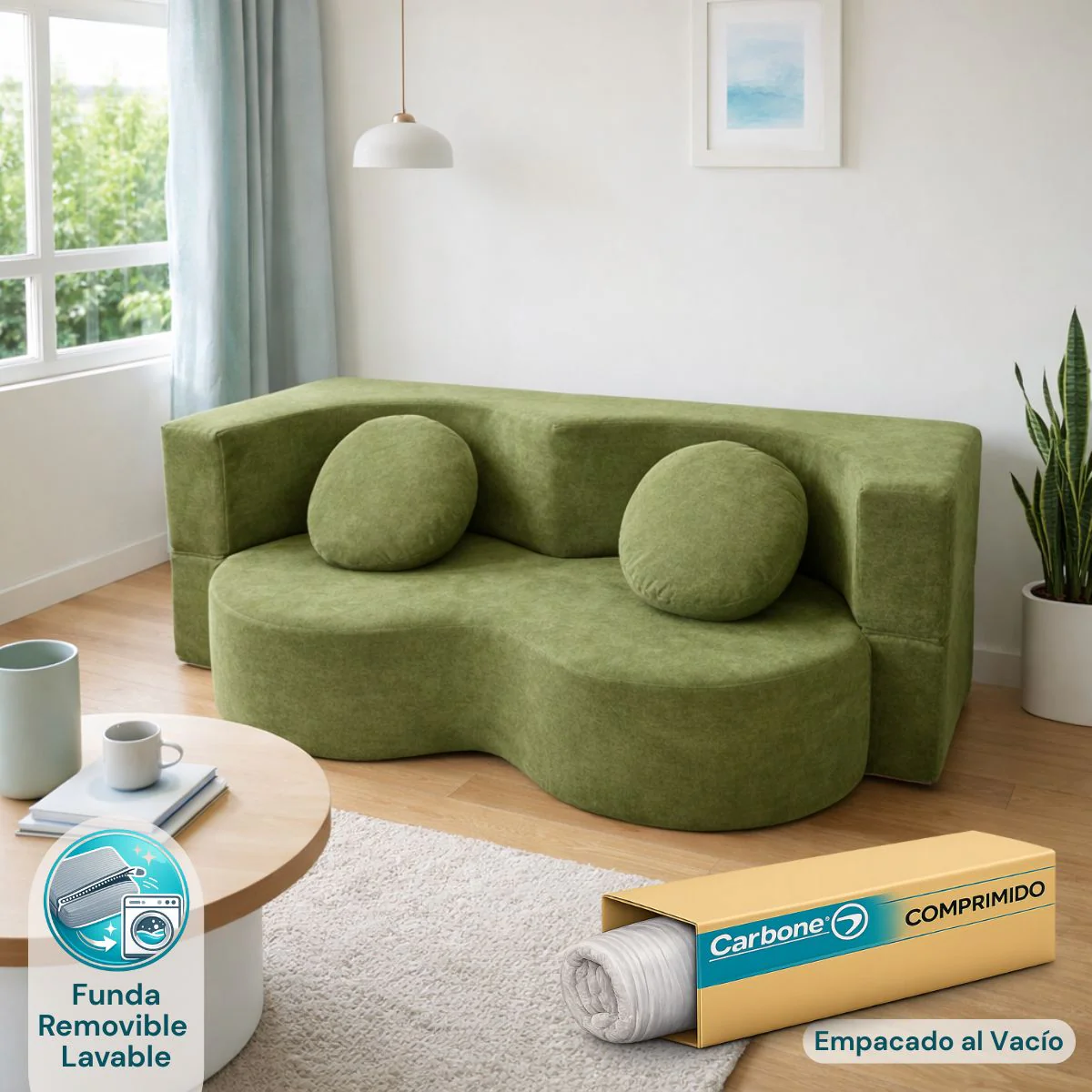 Sofá Convertible Empacado Al Vacio Memory Foam De Alta Densidad 200X100x70cm Color Verde Oliva