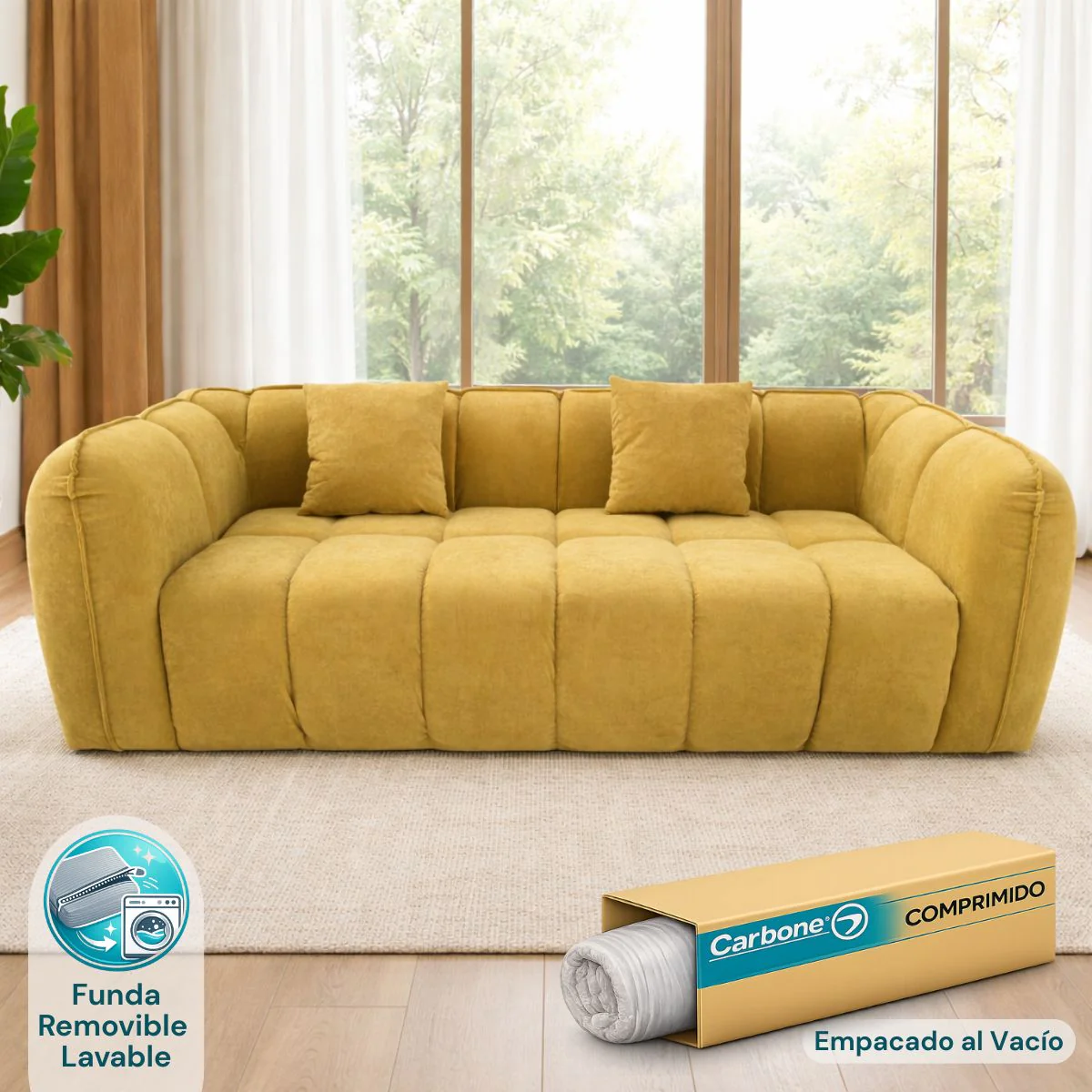 Sofá Empacado Al Vacio Memory Foam De Alta Densidad 220X98x70cm Color Mostaza