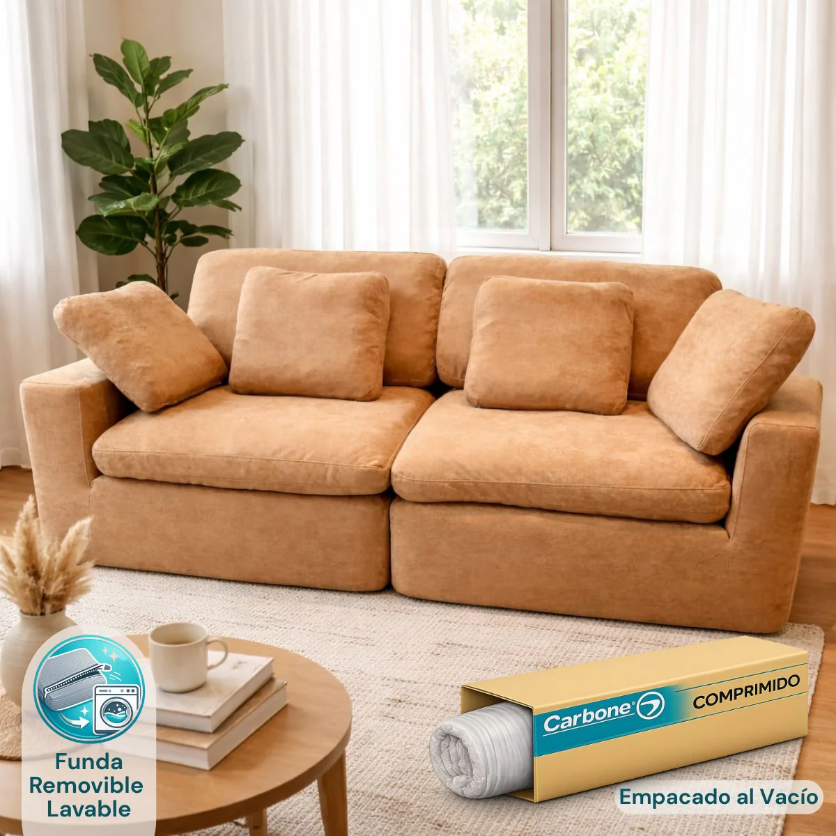 Sofá Empacado Al Vacio Memory Foam De Alta Densidad 263X100x70cm Color Terracota Tostado