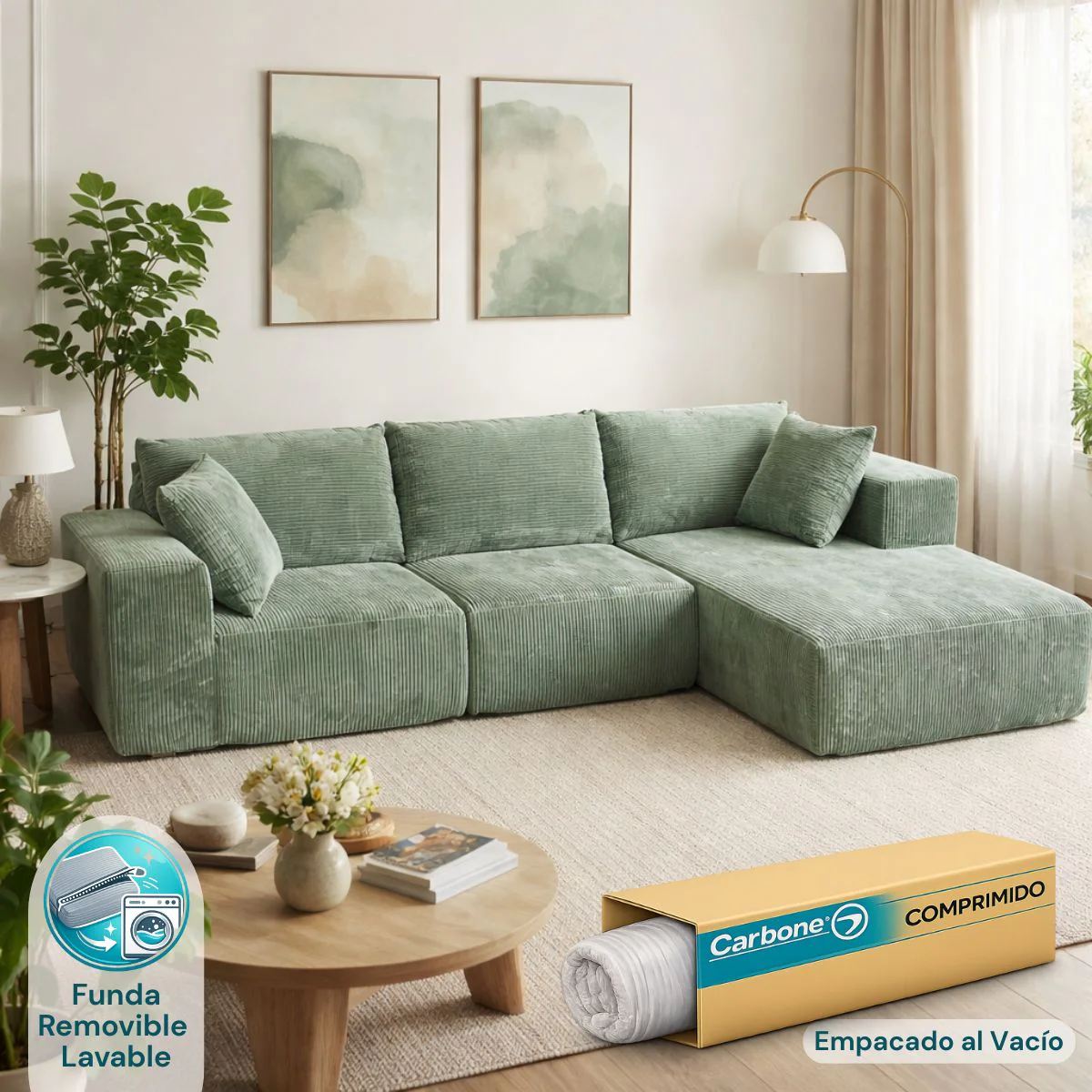 Sofá Seccional En L Empacado Al Vacio Memory Foam De Alta Densidad 274X100x60cm Color Verde Salvia