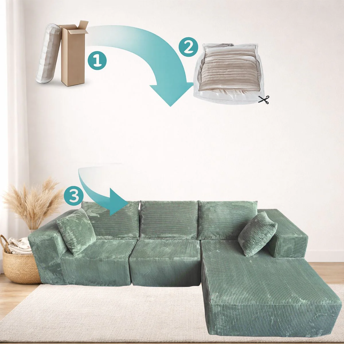 Sofá Seccional En L Empacado Al Vacio Memory Foam De Alta Densidad 274X100x60cm Color Verde Salvia - Image 5