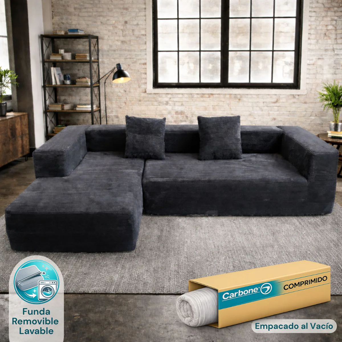 Sofá Seccional En L Empacado Al Vacio Memory Foam De Alta Densidad 280X100x60cm Color Negro