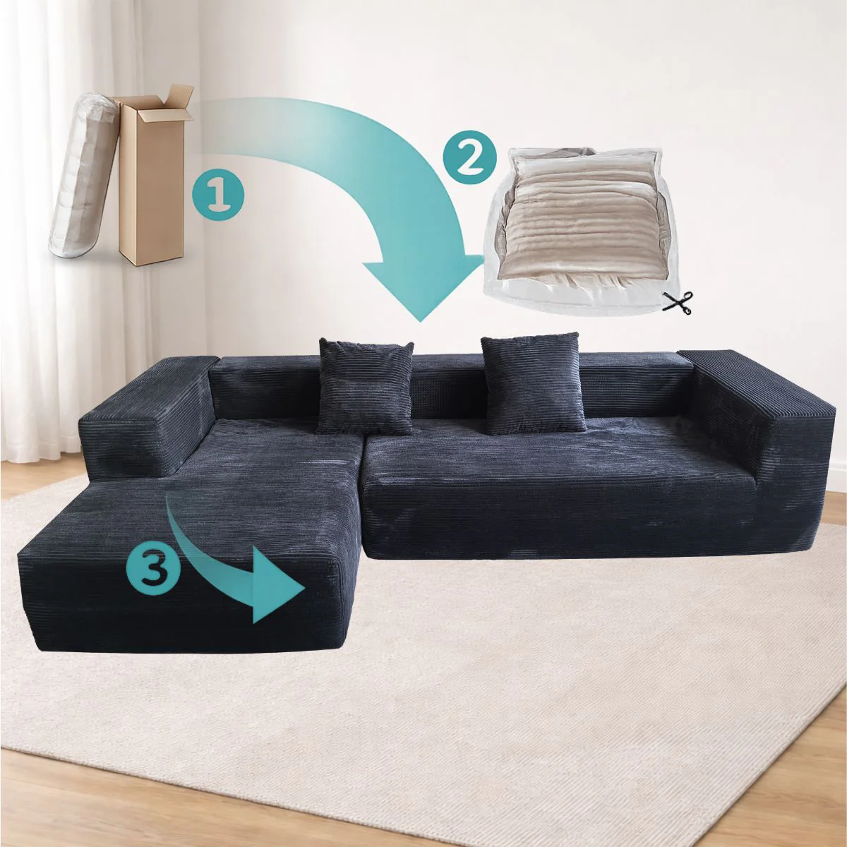 Sofá Seccional En L Empacado Al Vacio Memory Foam De Alta Densidad 280X100x60cm Color Negro - Image 5