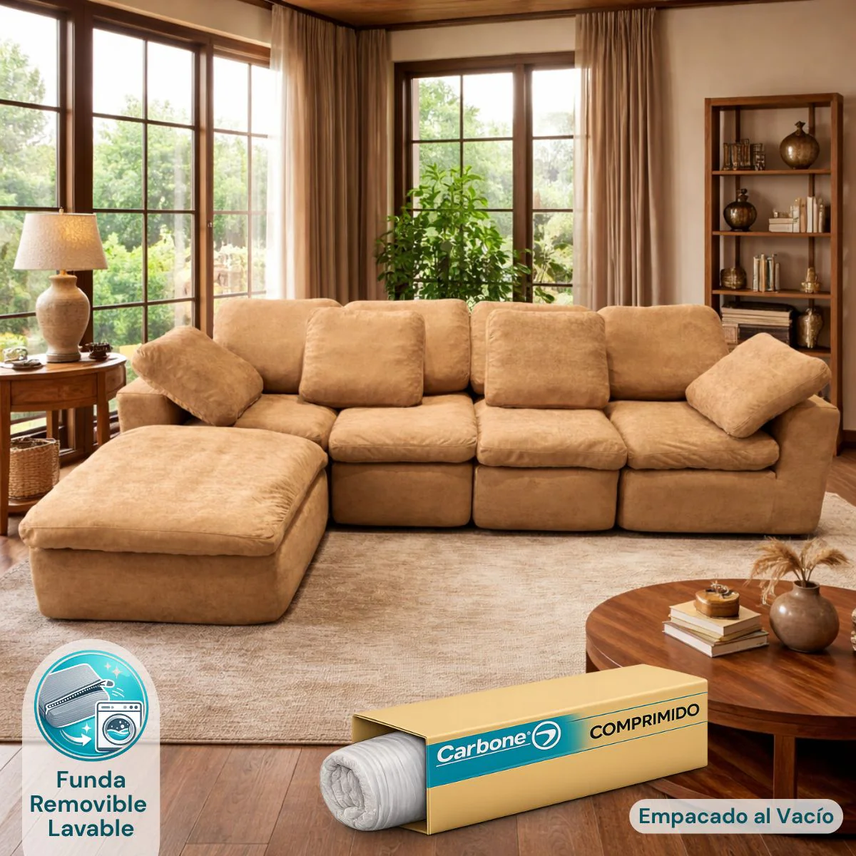 Sofá En L Empacado Al Vacio Memory Foam De Alta Densidad 310X200x70cm Color Terracota Tostado