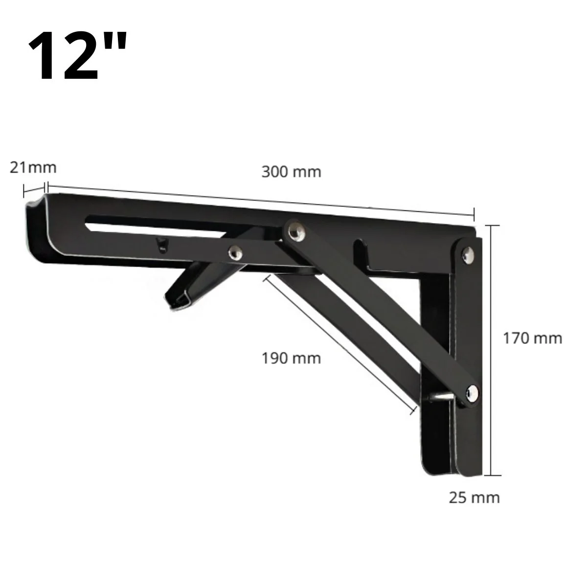 Soporte Brazo Plegable De Repisas Metalico De 12" (30.5 Cm) De Acero Laminado En Frío Para Repisas, Estantes. Escuadras Abatible Color Negro. (Se Vende Por Unidad)