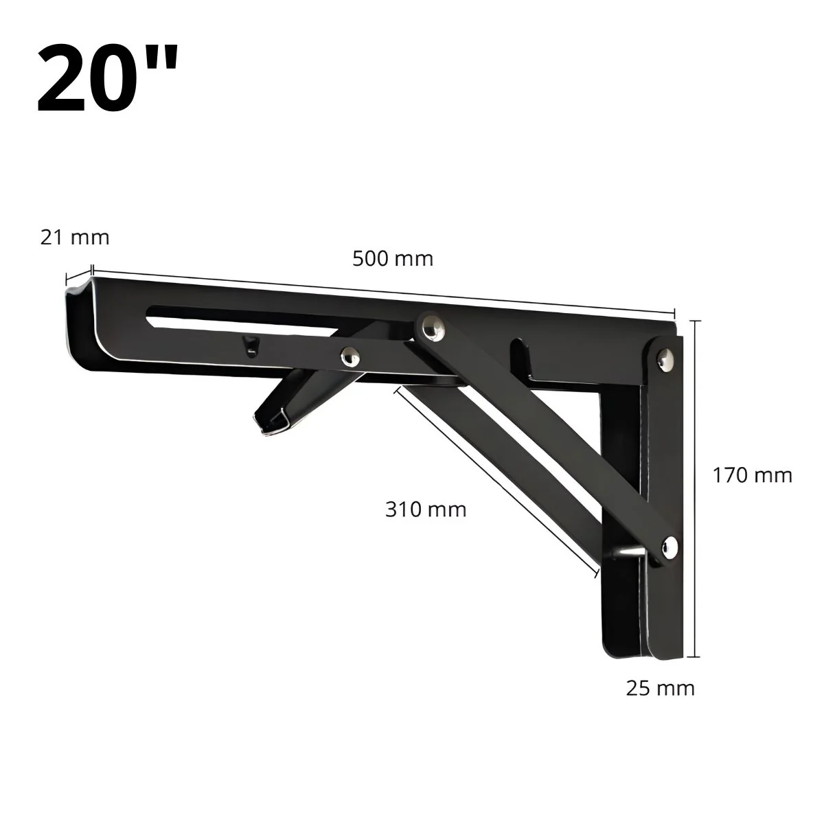 Soporte Brazo Plegable De Repisas Metalico De 20" (50.8 Cm) De Acero Laminado En Frío Para Repisas, Estantes. Escuadra Abatible Color Negro.  (Se Vende Por Unidad)