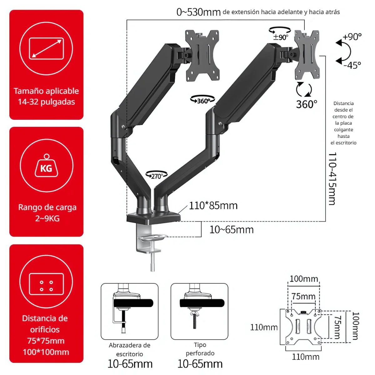 Soporte De Monitor Computadora Doble Con Rotación 360°. Brazo Ergonómico Para Pantallas De Hasta 32” Con Montaje De Escritorio. Ideal Para Oficina Y Gaming. - Image 3