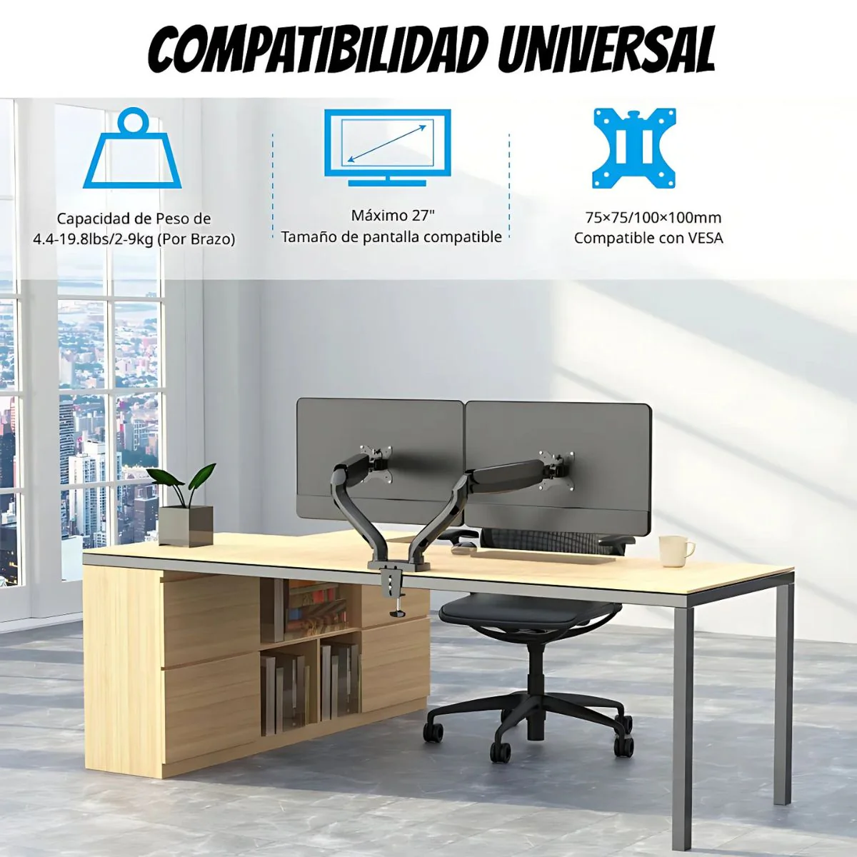 Soporte De Monitor Doble. Brazo Ergonómico Para Pantallas De Hasta 27” Con Montaje De Escritorio. Ideal Para Oficina Y Gaming. - Image 3
