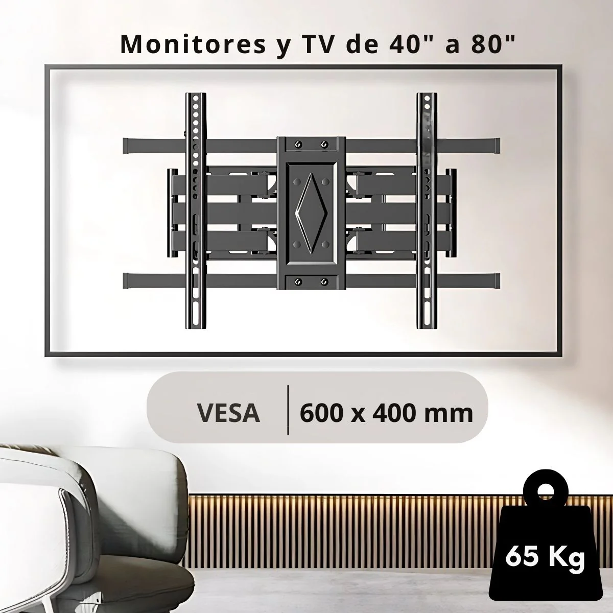 Soporte De TV Ajustable Telescópico Para Pantallas 40-80” Con Inclinación ±5°. VESA 600×400 Mm. Brazo Giratorio Para Monitor. - Image 2