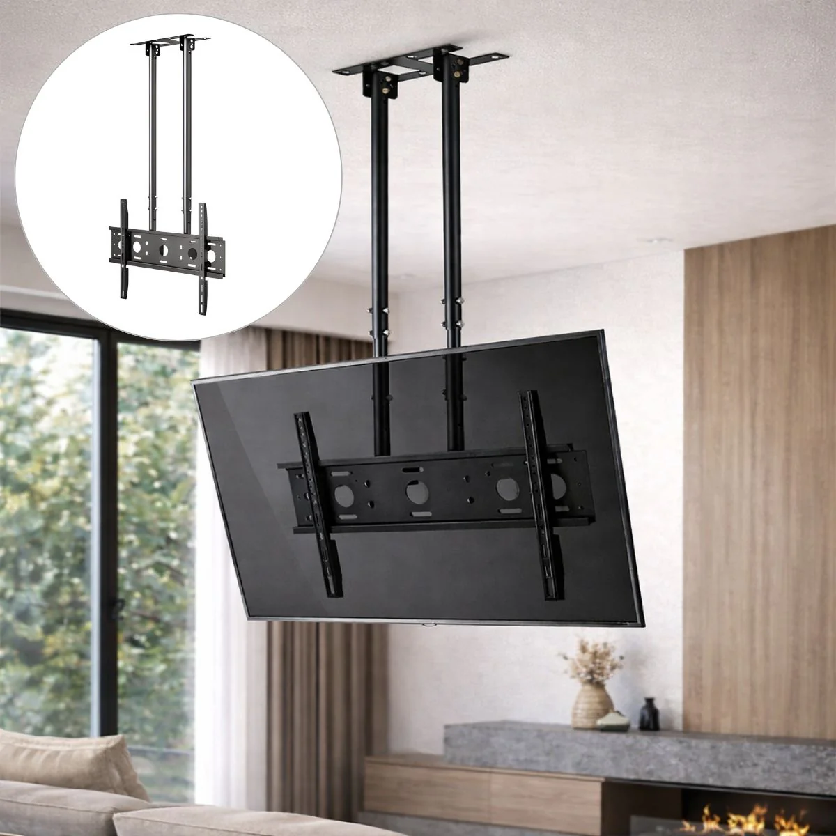 Soporte De TV De Techo Ajustable (800-1380Mm) De Acero Para Pantallas De 40 A 85 Pulgadas. Color Negro.