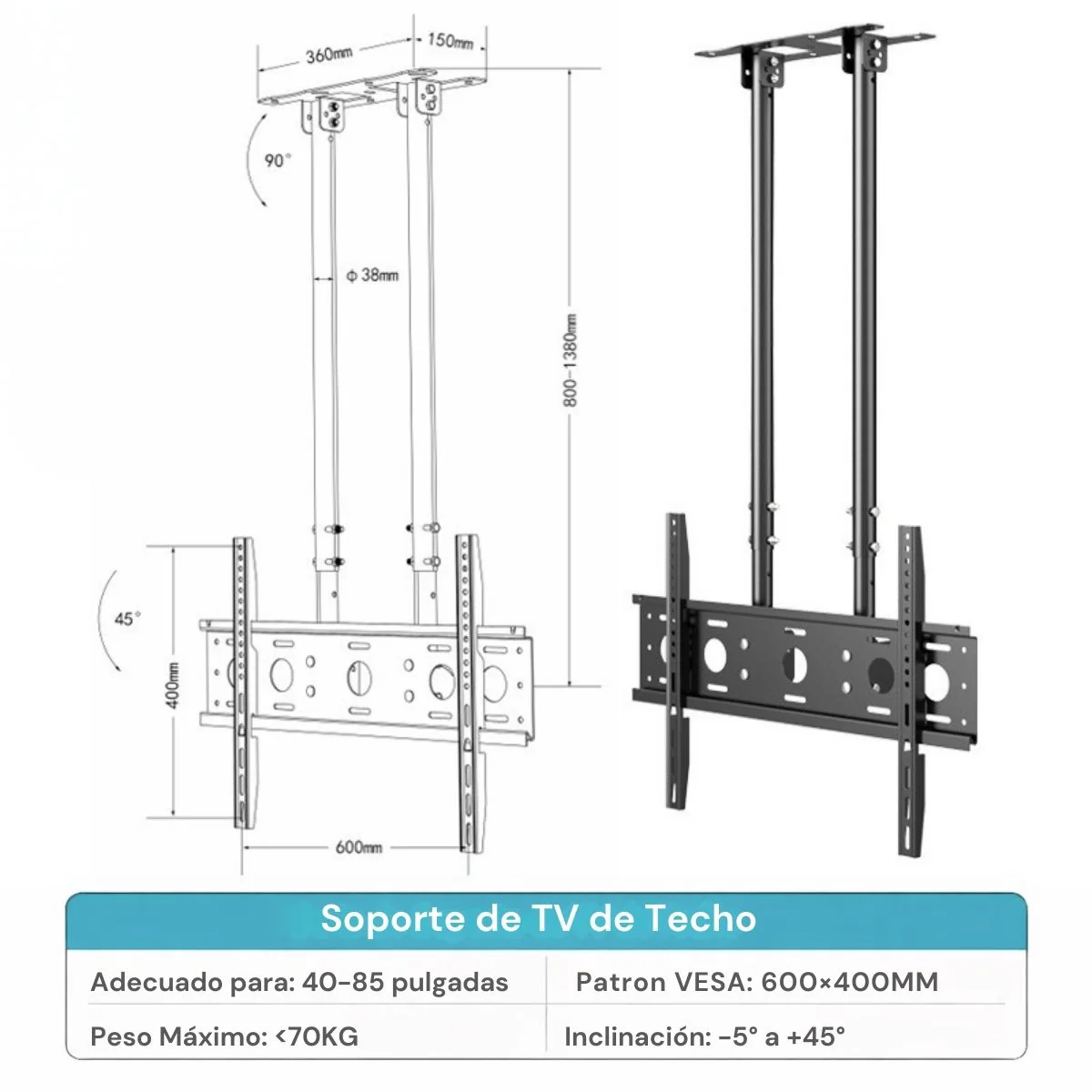 Soporte De TV De Techo Ajustable (800-1380Mm) De Acero Para Pantallas De 40 A 85 Pulgadas. Color Negro. - Image 2