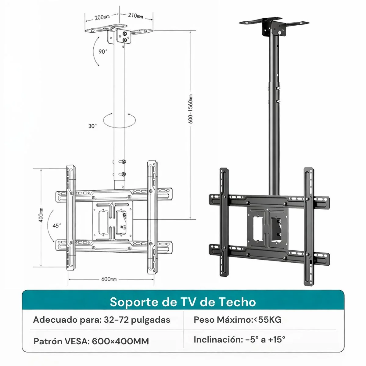 Soporte De TV De Techo En Acero Ajustable (600-1560Mm) Para Pantallas De 32 A 72 Pulgadas. - Image 2