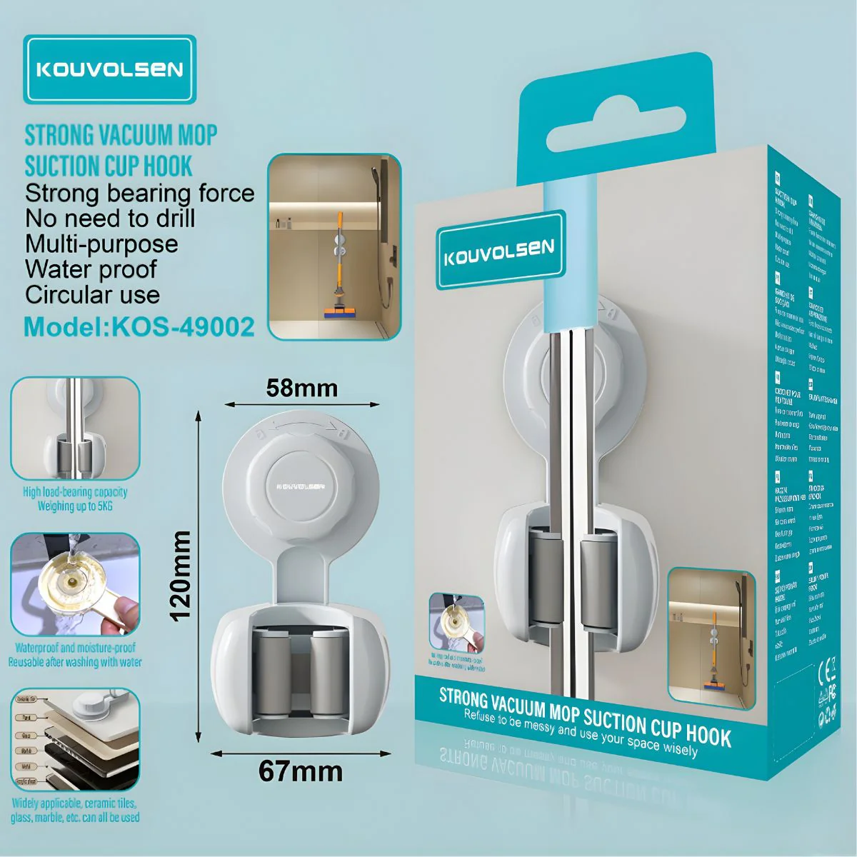 Soporte Gancho Organizador De Pared Para Escoba O Trapeador. Clip Con Ventosa Para Pared De Lavandería.