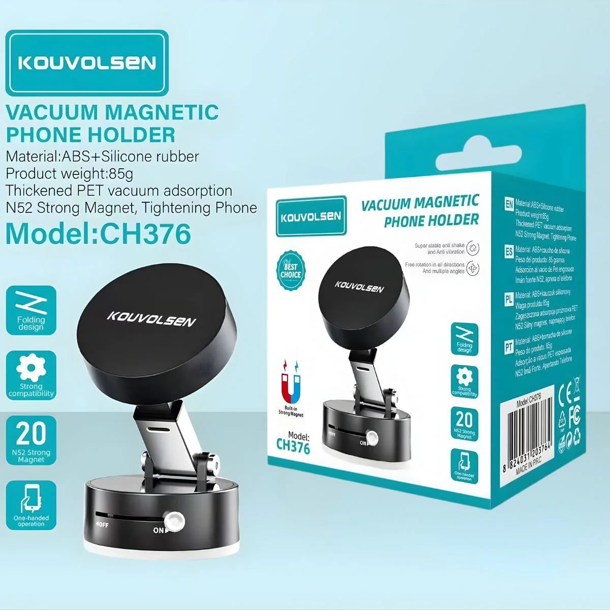 Soporte Magnético De Celular Para Auto. Porta Teléfono Con Montaje Por Succión Al Vacío Y Con Rotación 360°.