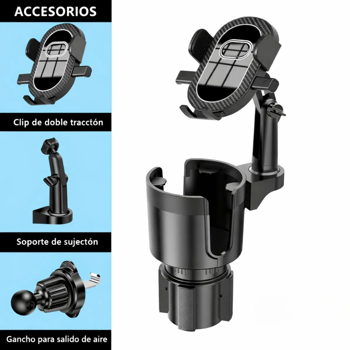 Soporte Para Celular 2 En 1 Para Portavasos De Auto, Brazo Ajustable Antivibración Y Rotación 360°, Compatible Con Smartphones 4”–7.2” Y Vasos Hasta 3.9” - Image 2