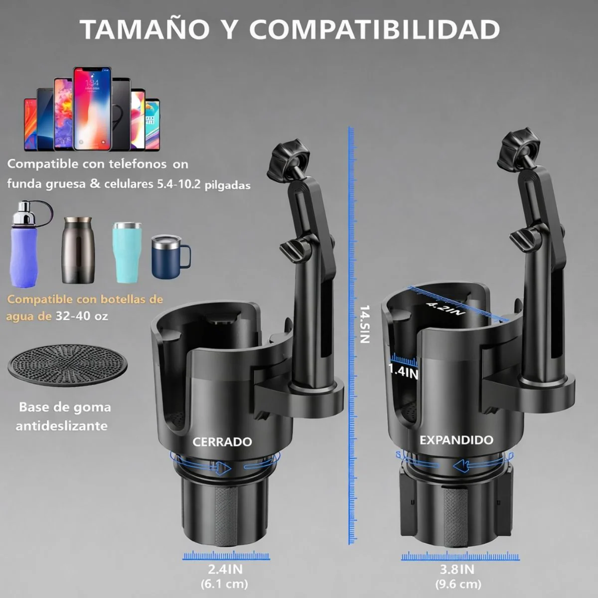 Soporte Para Celular 2 En 1 Para Portavasos De Auto, Brazo Ajustable Antivibración Y Rotación 360°, Compatible Con Smartphones 4”–7.2” Y Vasos Hasta 3.9” - Image 3