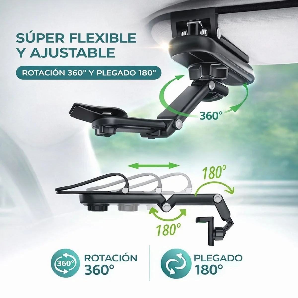Soporte Para Celular De Auto En Parasol Ajustable 360°. Brazo Articulado Plegable Compatible Con Smartphones. Color Gris - Image 2