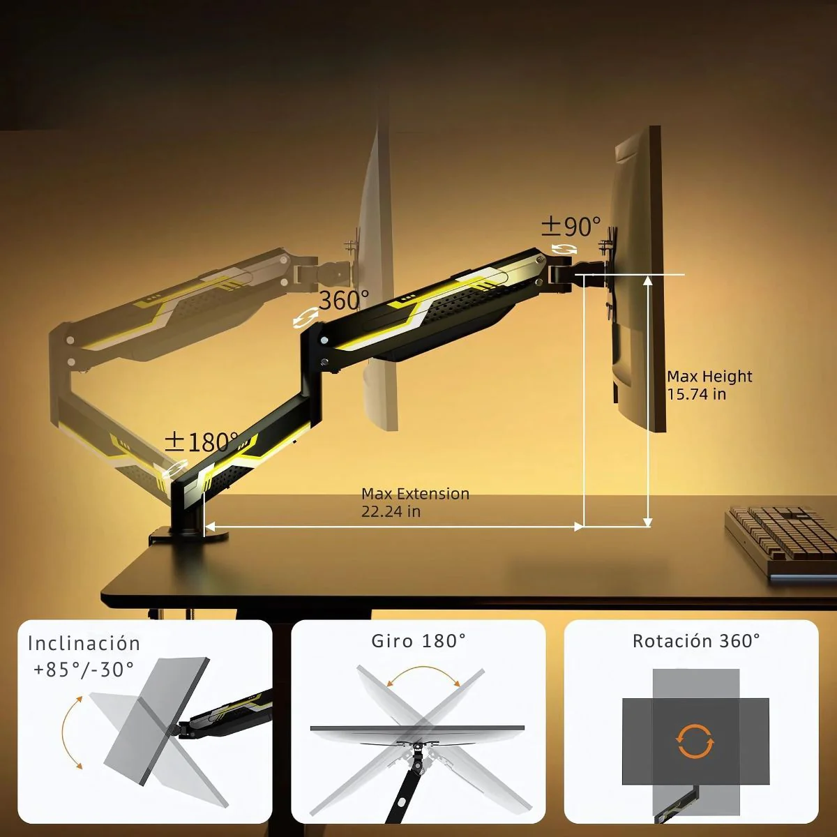 Soporte Para Monitor Computadora Ergonómico Para Pantallas De Hasta 32”. Brazo Articulado Ajustable 360°. Ideal Para Oficina Y Gaming. - Image 3