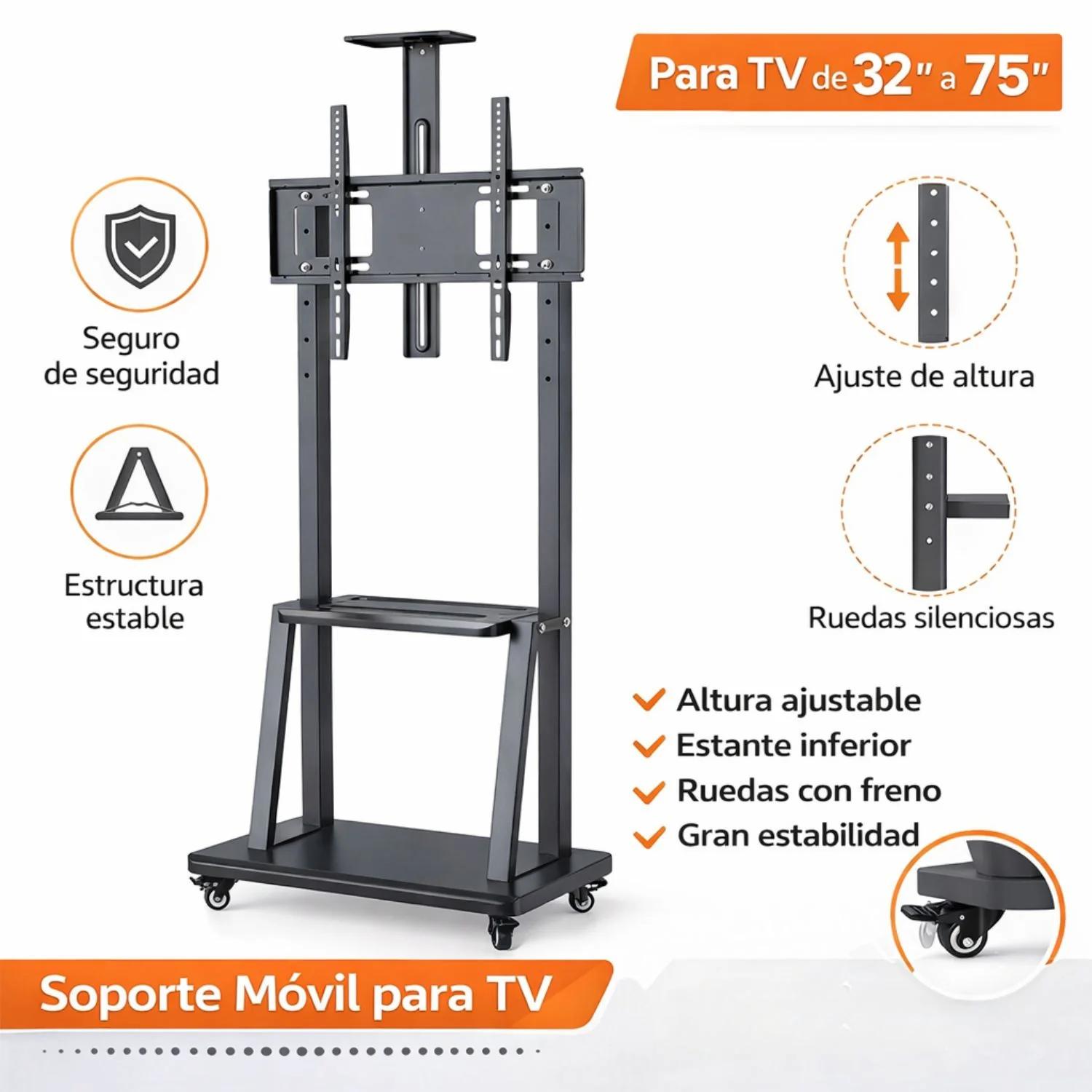 Soporte Para TV 32–75” Móvil Con Ruedas . Soporta Hasta 80 Kg. Altura Ajustable 1395–1920Mm. Base 700×430 Mm. Estante Multimedia. Luz De Panal - Image 2