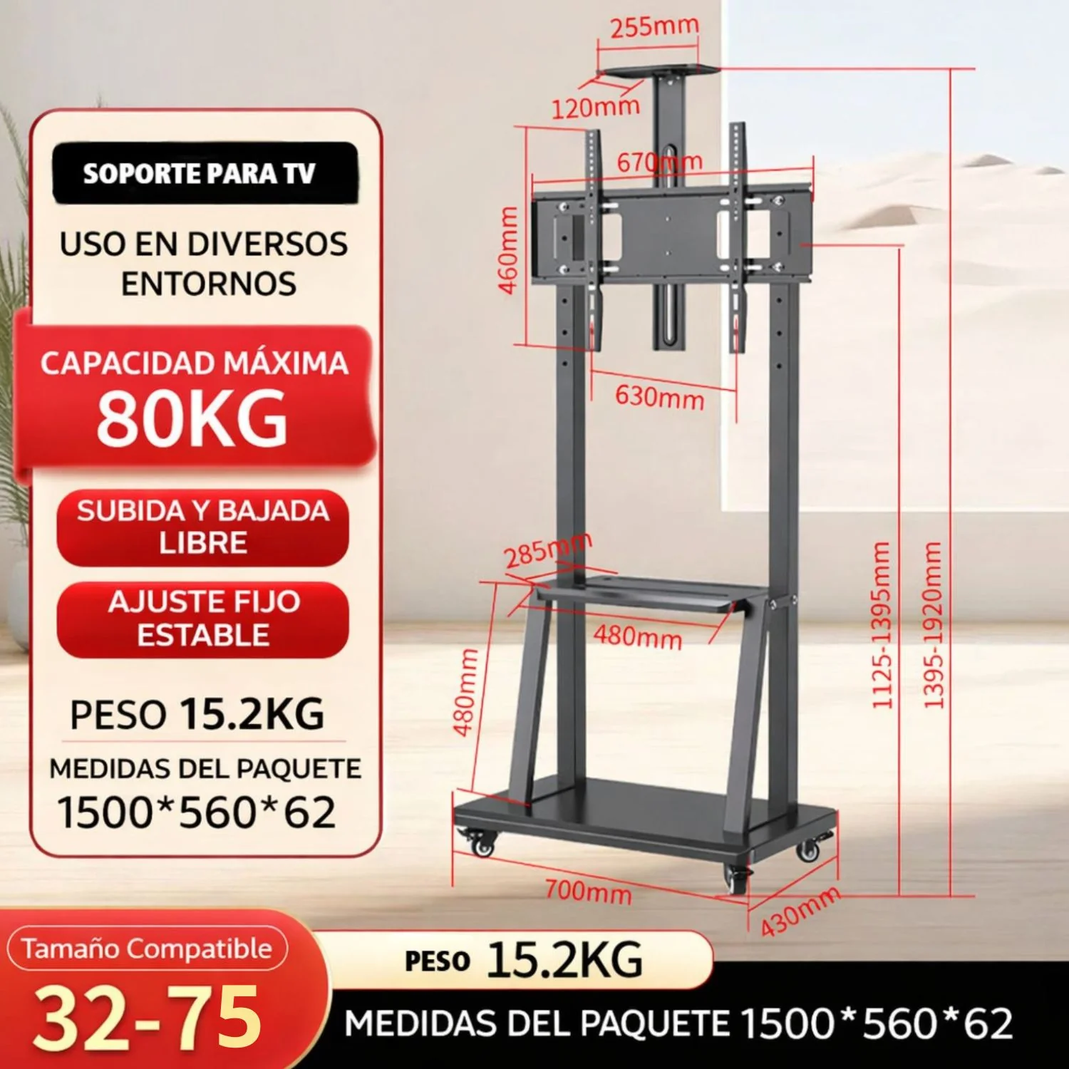 Soporte Para TV 32–75” Móvil Con Ruedas . Soporta Hasta 80 Kg. Altura Ajustable 1395–1920Mm. Base 700×430 Mm. Estante Multimedia. Luz De Panal - Image 3