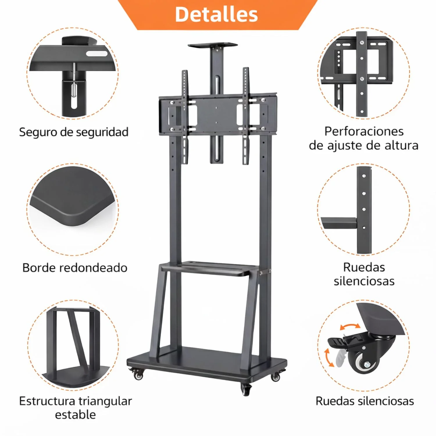 Soporte Para TV 32–75” Móvil Con Ruedas . Soporta Hasta 80 Kg. Altura Ajustable 1395–1920Mm. Base 700×430 Mm. Estante Multimedia. Luz De Panal - Image 4