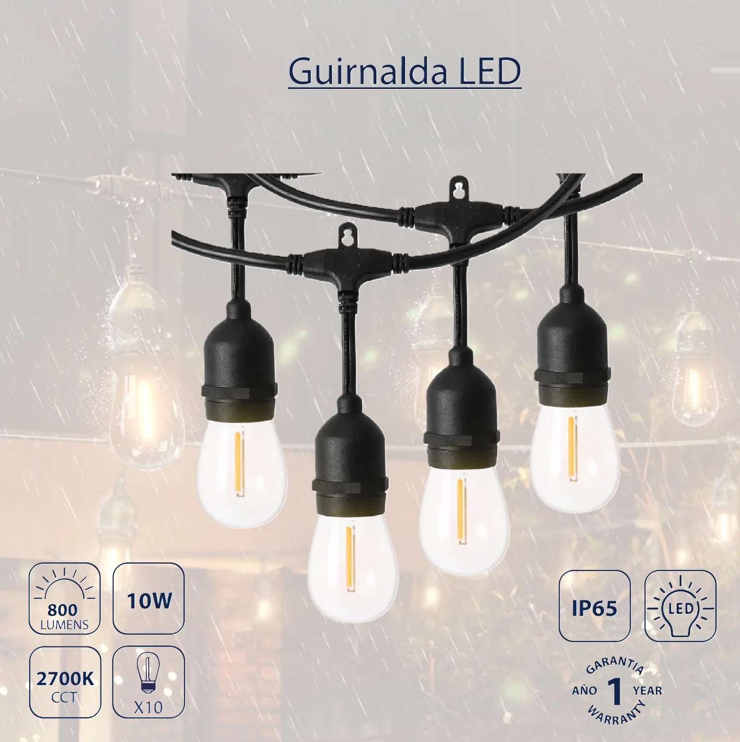 Guirnalda Tira LED Luces 10M 27K 110V Exterior Interior Focos E27. Conexión Continua De Hasta 30 Set