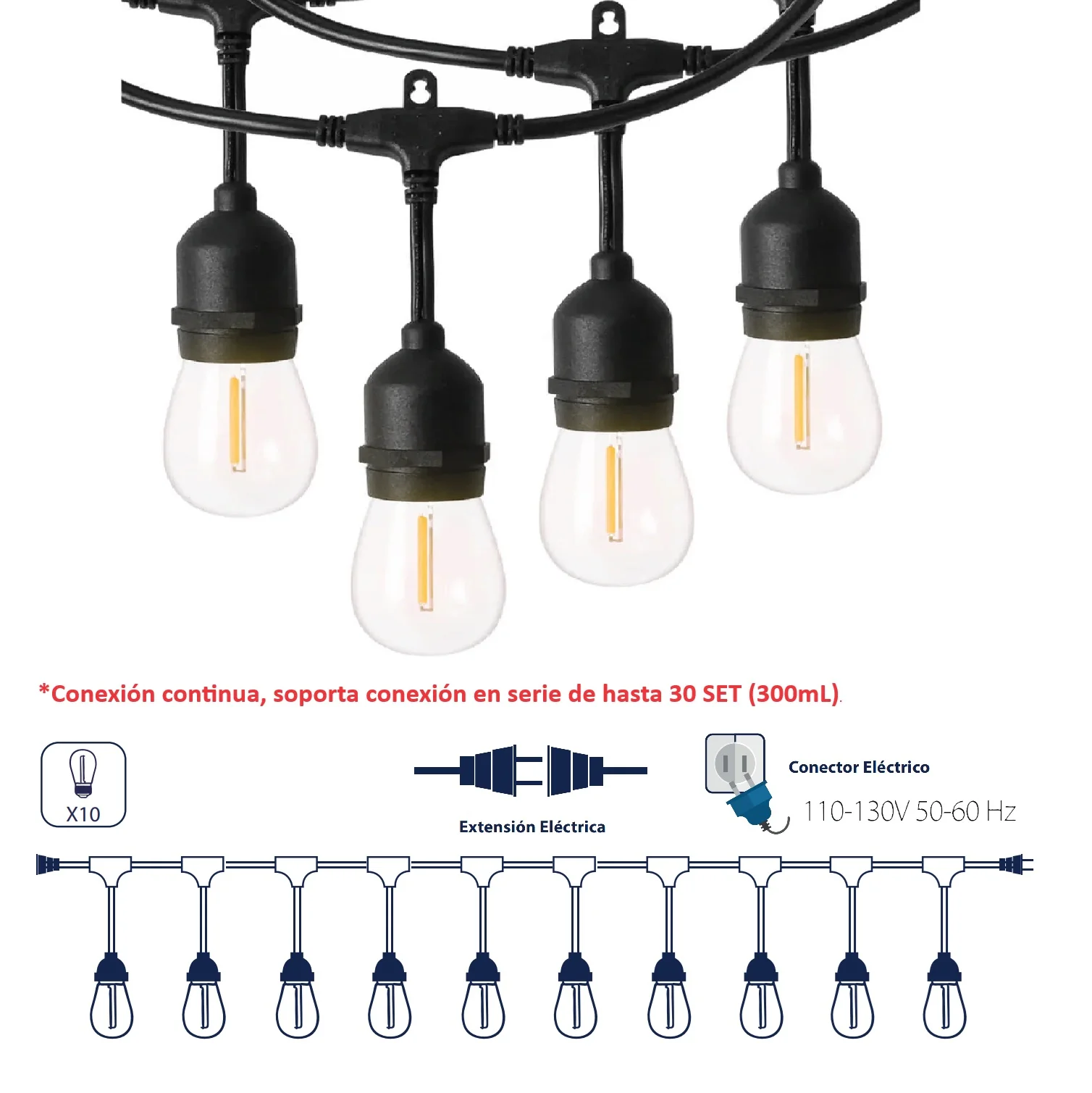 Guirnalda Tira LED Luces 10M 27K 110V Exterior Interior Focos E27. Conexión Continua De Hasta 30 Set - Image 2