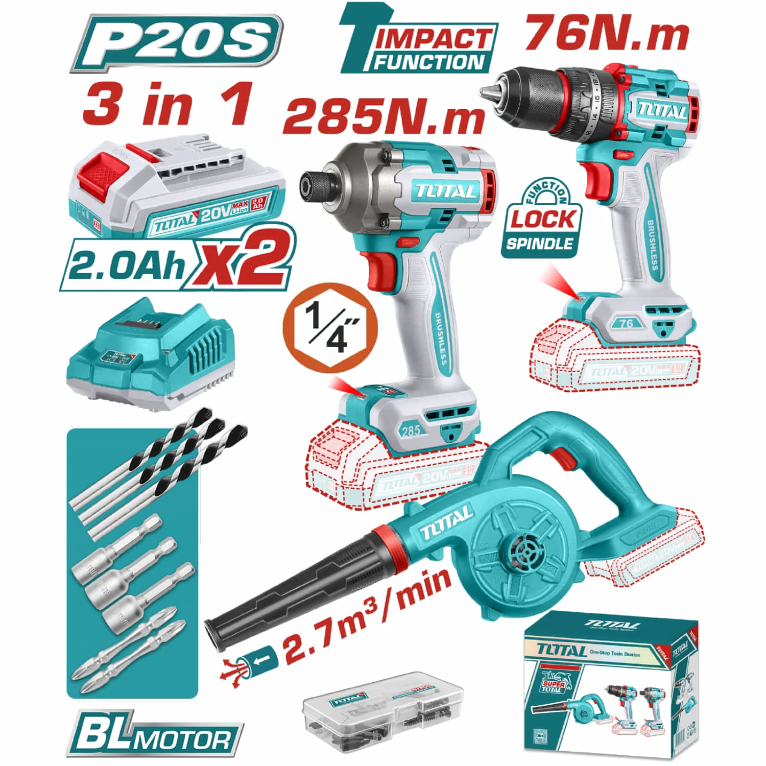 Super Combo Del Mes Total 20V Perforadora De Impacto 76Nm Destornillador 285Nm Sopladora 2.7 M³/Min  POCAS UNIDADES.