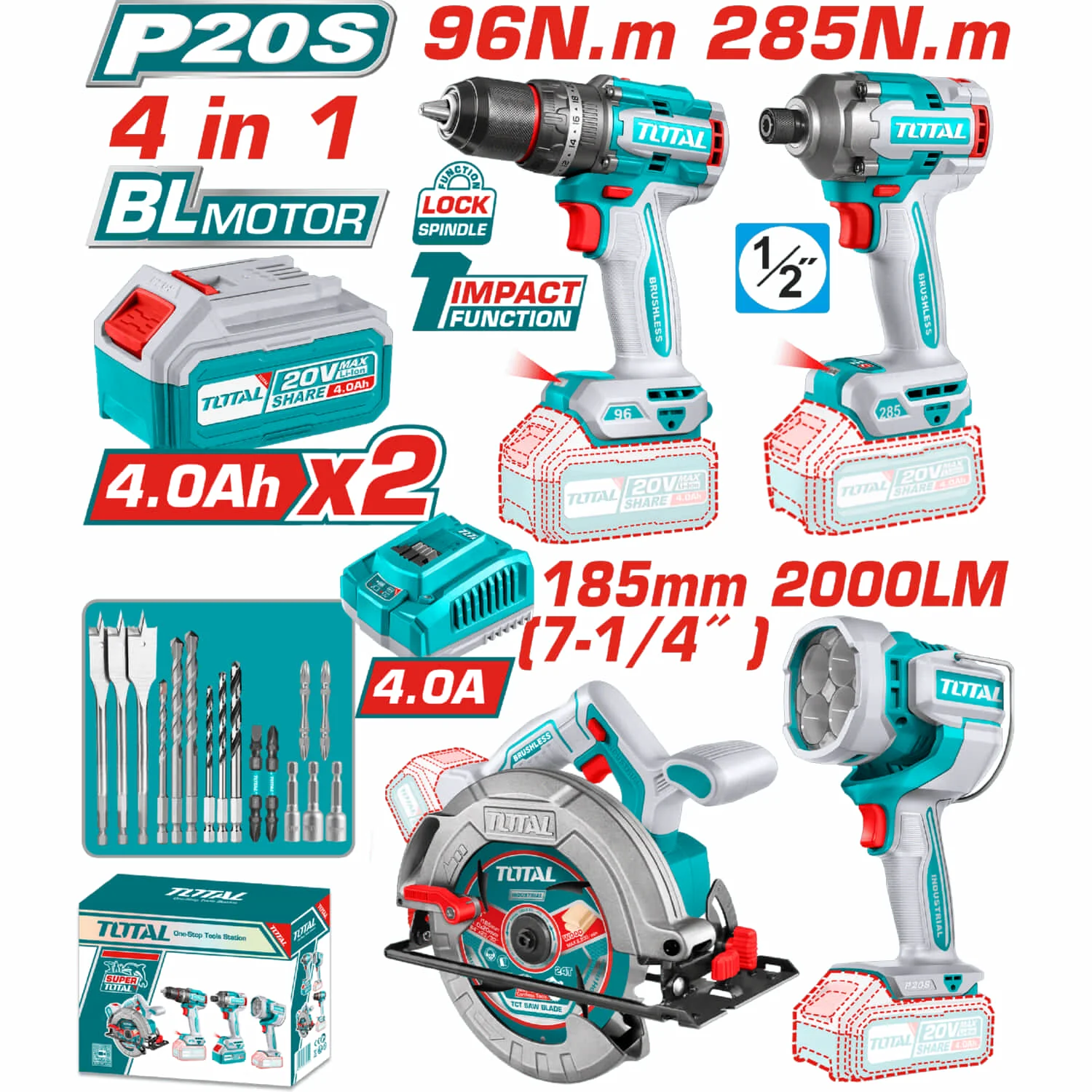 Super Combo Del Mes Total 20V Taladro 96Nm Atornillador 285Nm Sierra Y Lámpara 22.5W COMBOS POCAS UNIDADES