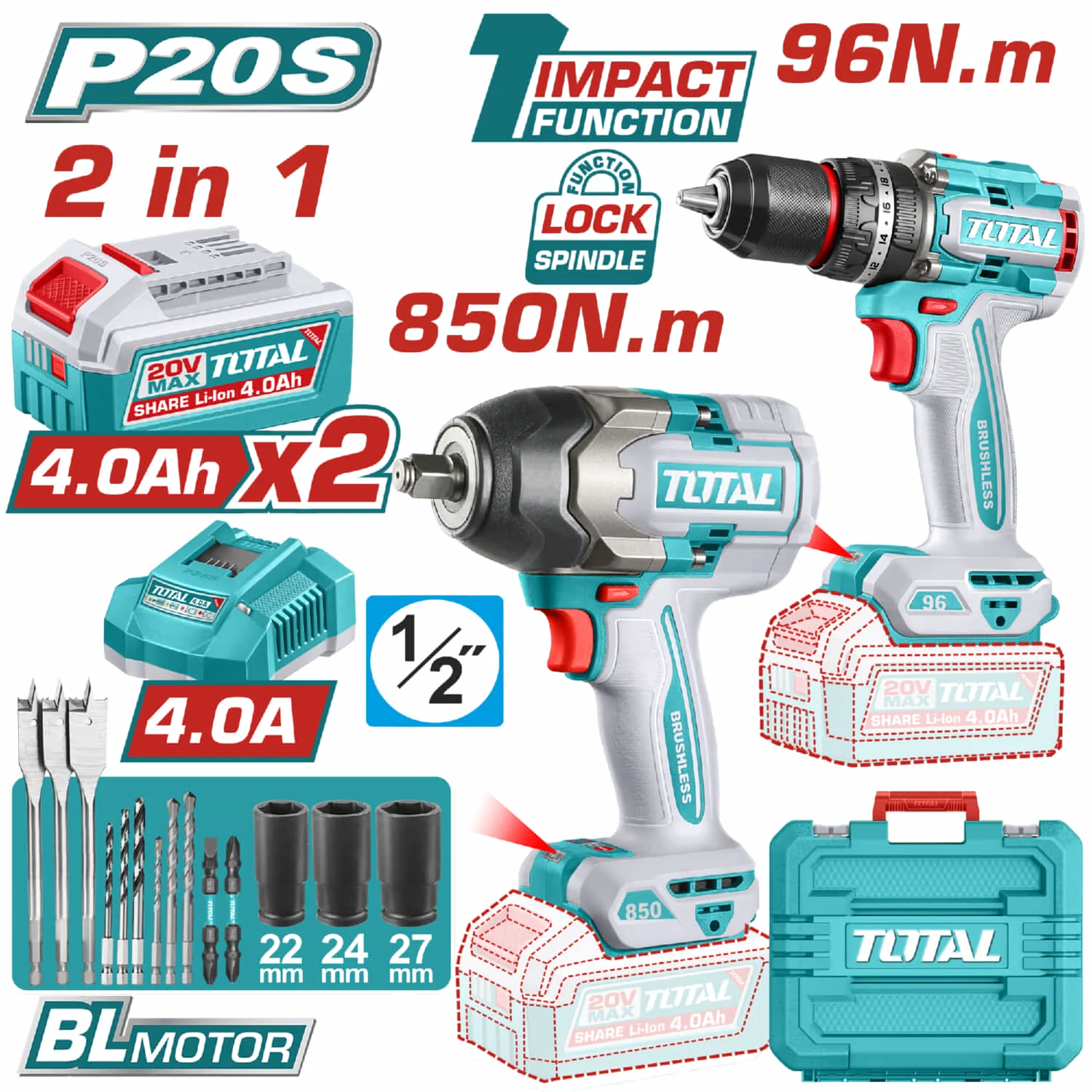 Super Combo Total 20V Taladro Percutor 96Nm Y Llave De Impacto 850Nm Inalámbricas Poderosas Y Potentes Con Batería Y Cargador. COMBOS POCAS UNIDADES