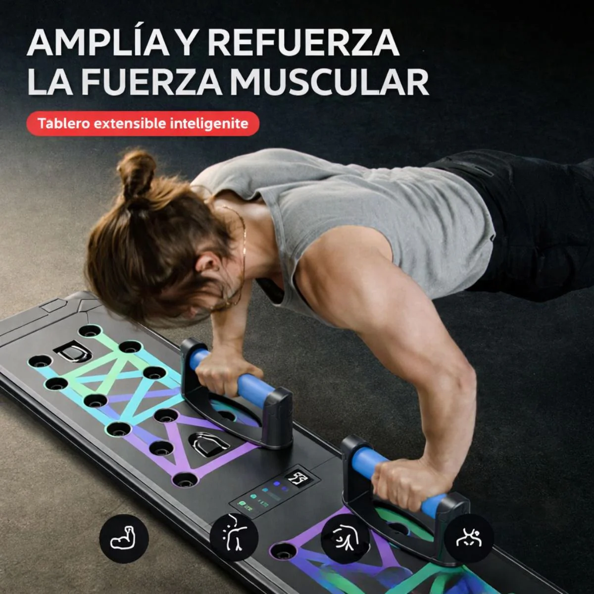 Tabla De Flexiones Puh Ups Inteligente Con Pantalla LCD Y Conteo Digital Con Empuñaduras Antideslizantes. Tabla Plegable De Entrenamiento (87X20 Cm). Color Negro. - Image 4