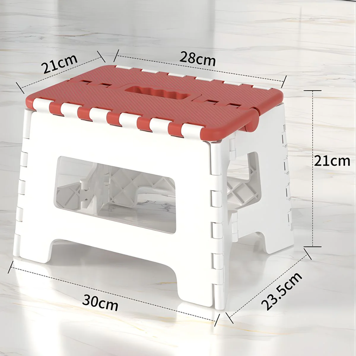 Taburete Banco Plegable Antideslizante 21Cm. Soporta Hasta 80 Kg. Escaloncito Multiusos. Banquito Con Asa. Color Rojo Con Blanco. - Image 3