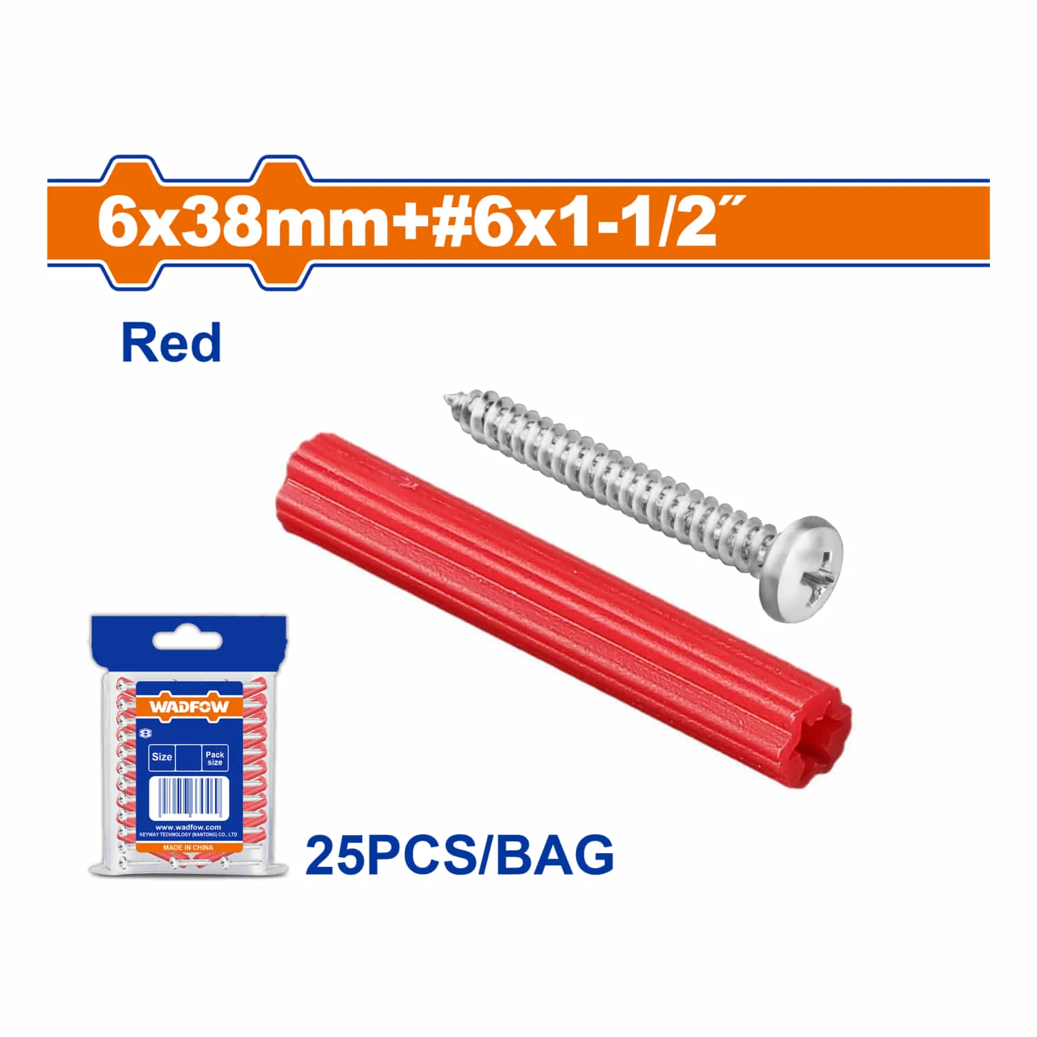 Tacos De Plástico De Anclaje Rojo 15/64"X1-1/2" Y Tornillos #6X1-1/2" Set De 25 Piezas. - Image 2