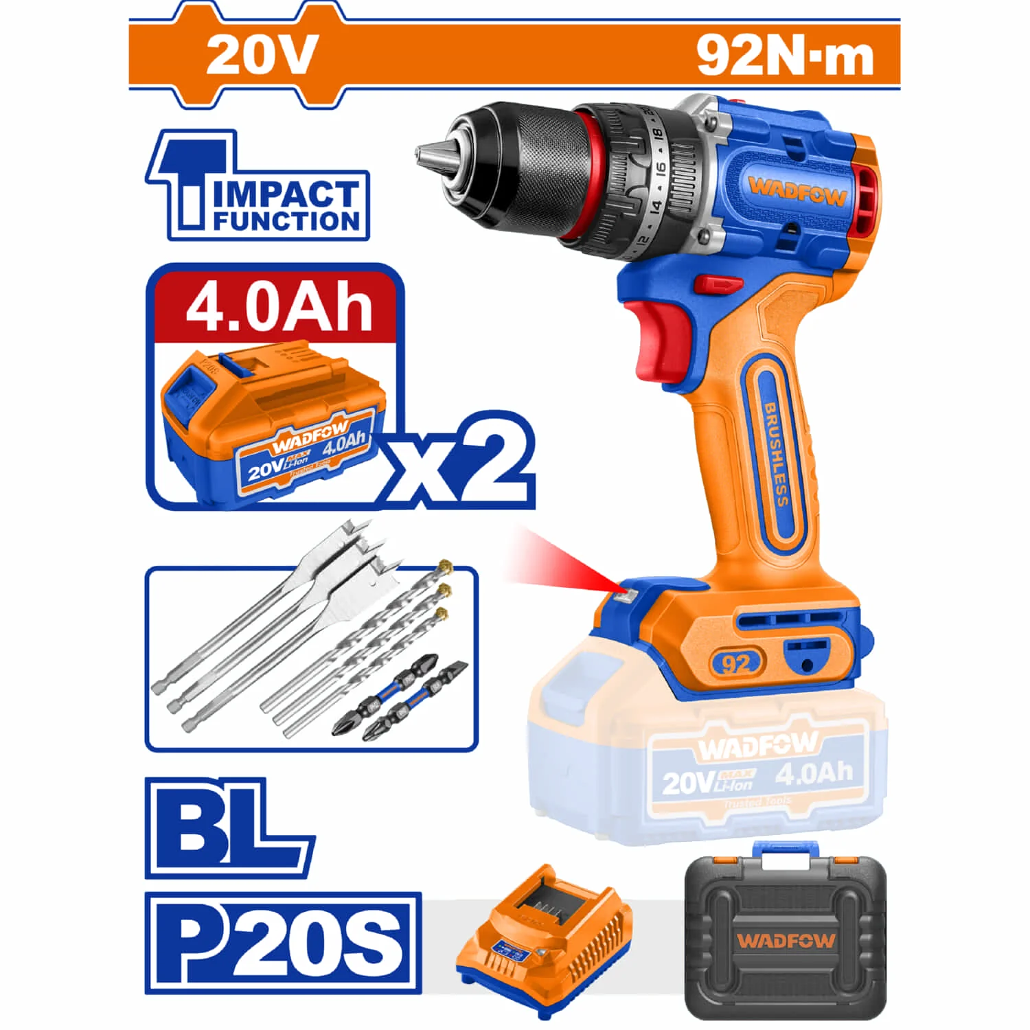 Drill Taladro De Impacto ½” 20V 92Nm 30000Bpm Motor Sin Escobillas. Incluye 2 Baterías 4.0Ah Y Cargador.