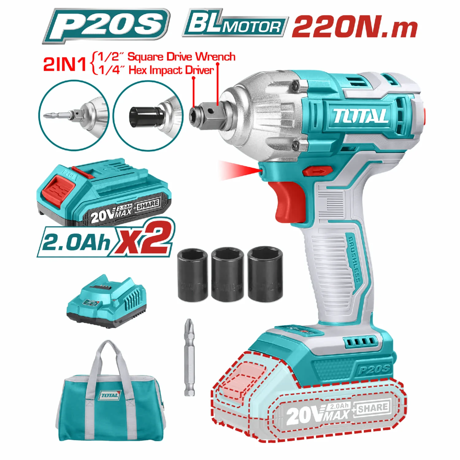 Llave De Impacto  1/2" DE DADOS Y PUNTAS HEXAGONALES 2 EN 1 20V TOTAL 220Nm. 2300Rpm 3300Bpm. Incluye Batería Y Cargador.