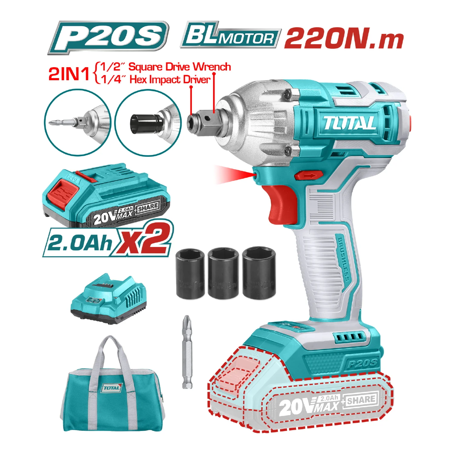 Llave De Impacto  1/2" DE DADOS Y PUNTAS HEXAGONALES 2 EN 1 20V TOTAL 220Nm. 2300Rpm 3300Bpm. Incluye Batería Y Cargador. - Image 2