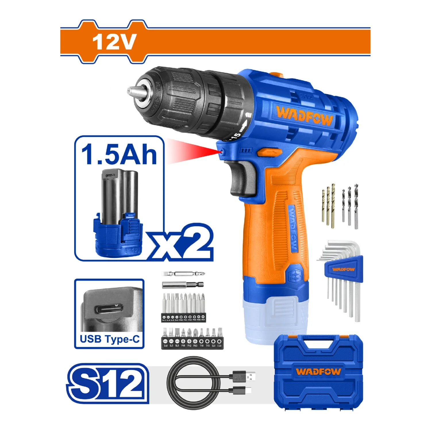 Taladro Drill Inálámbrico De 12V 0-400/0-1500Rpm. 20Nm Torque:15+1 Carga USB. - Image 2