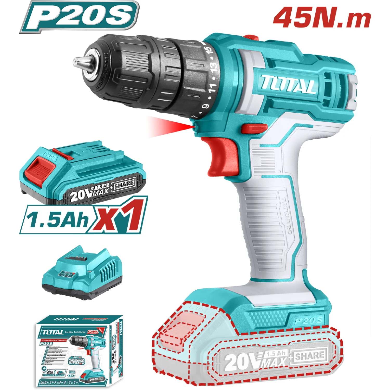Taladro Drill Inalámbrico De 20V. 1/32-3/8" 0-400/0-1500 Rpm. 45NM. Incluye Batería Y Cargador