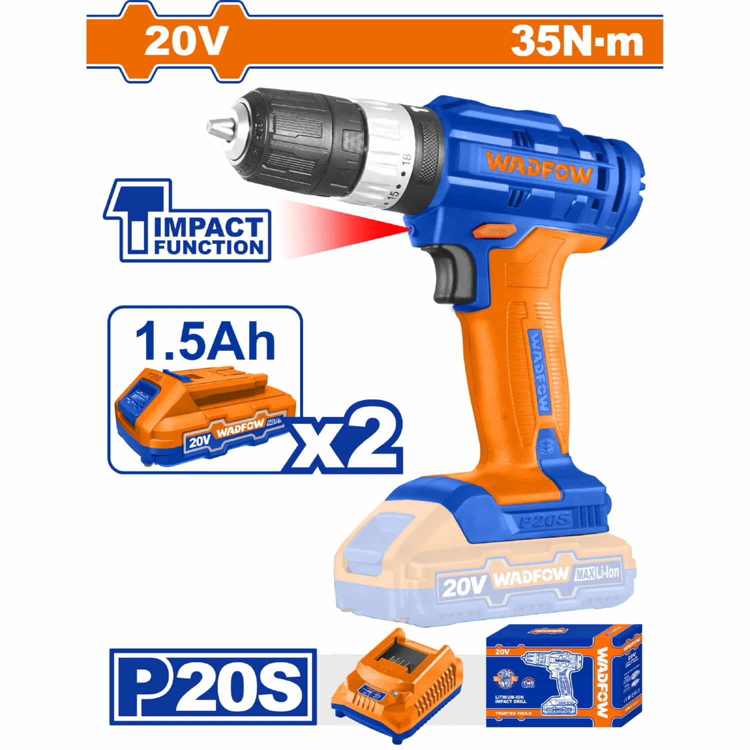 Taladro Drill Inalámbrico De Impacto 20V De 3/8" 35NM Indicador LED. Incluye 2 Baterías Y 1 Cargador.