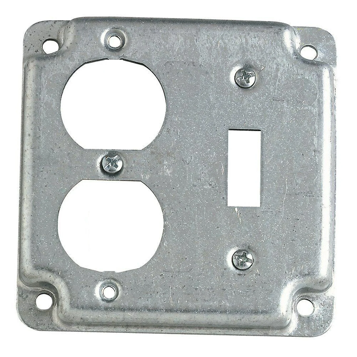 Tapa Metalica Para Cajilla De 4X4 Con Hueco Para Tomacorriente Doble E Interuptor Sencillo.