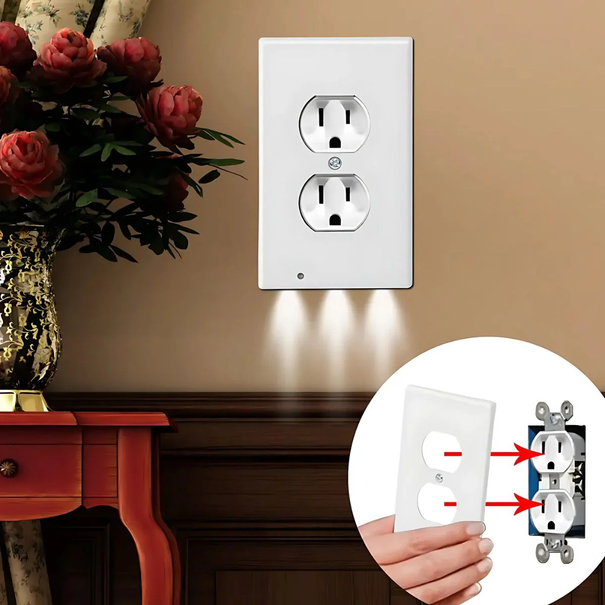 Tapa Plástica De Interruptor O Tomacorriente Con Luz LED. Iluminación Automática. Ideal Para Pasillos Y Dormitorios.