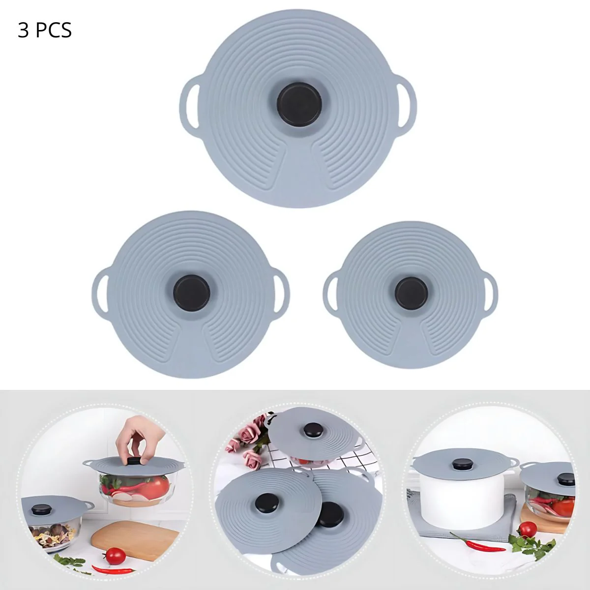 Tapas De Silicona Reutilizables Para Ollas Y Recipientes. (Set 3 Tamaños) Tapaderas De Sellado Hermético Antiderrames. - Image 3