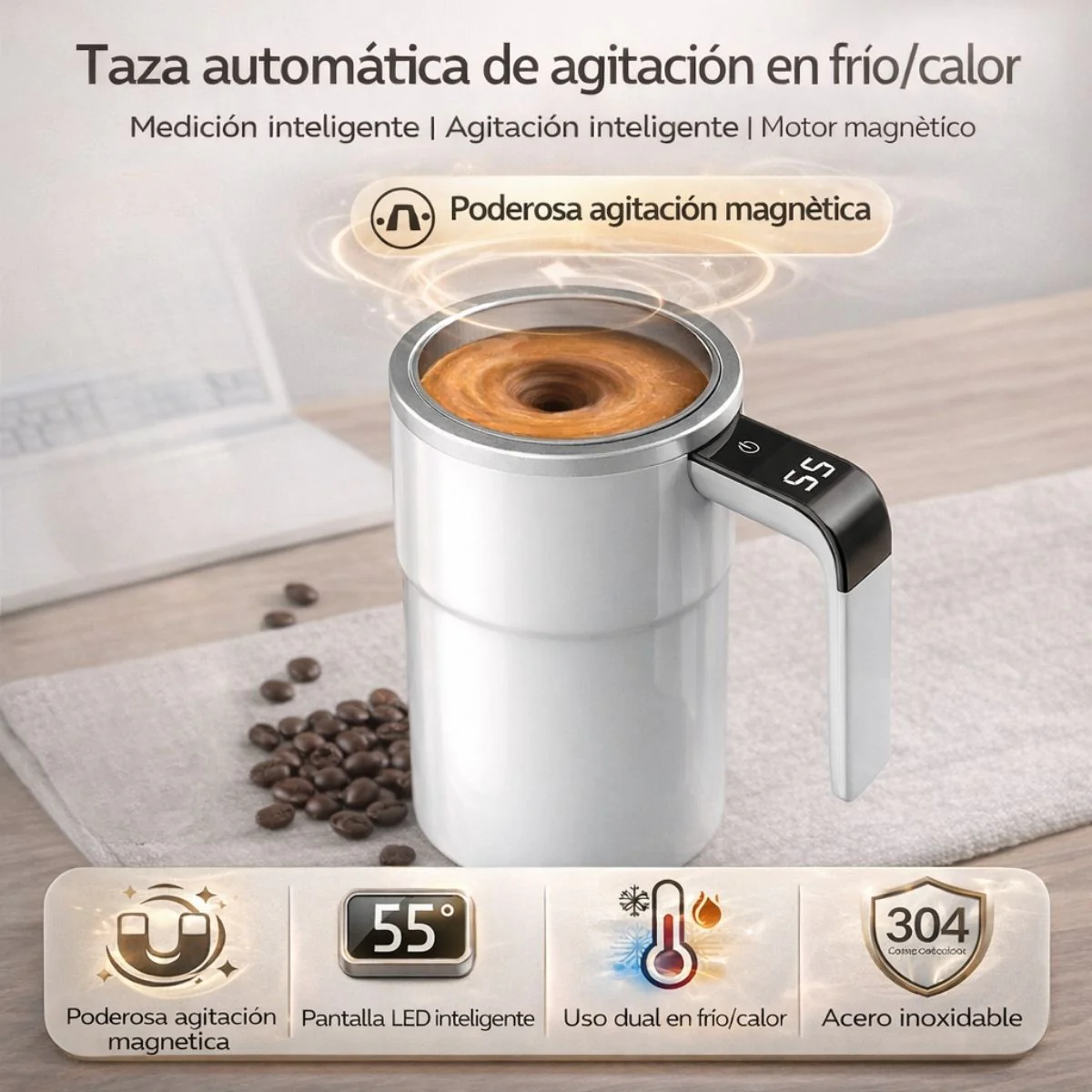 Taza Revolvedora Automática Para Mezclar Bebidas Calientes Con Medición De Temperatura, Color Blanco, 380 Ml, Taza Agitadora