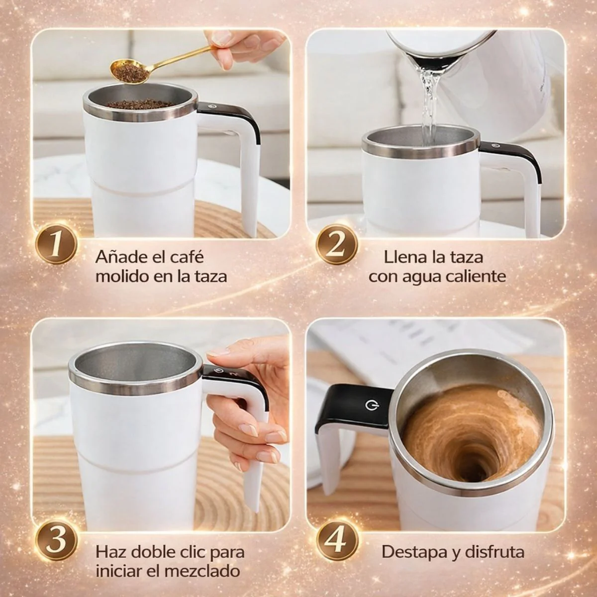 Taza Revolvedora Automática Para Mezclar Bebidas Calientes Con Medición De Temperatura, Color Blanco, 380 Ml, Taza Agitadora - Image 4