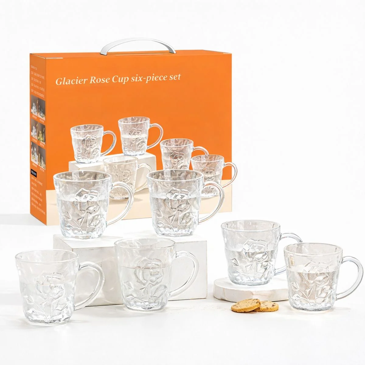 Tazas De Vidrio Con Relieve Rosa Y Asa. Vasos Elegantes Para Café, Té, Capuccino Y Regalo (Set De 6) Cap. 250 Ml