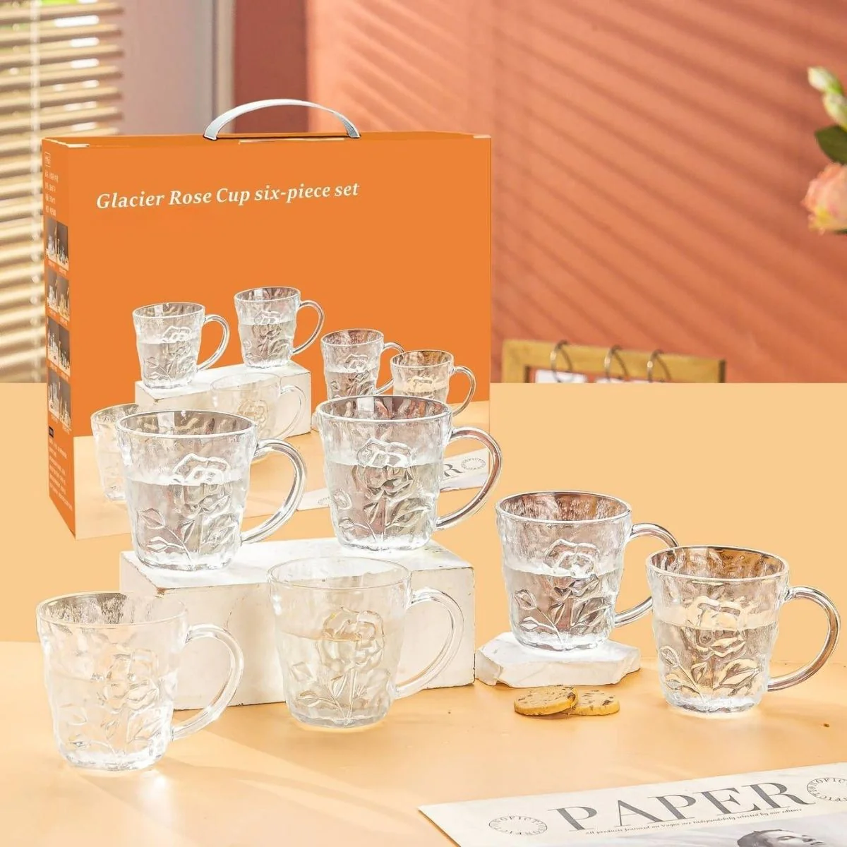 Tazas De Vidrio Con Relieve Rosa Y Asa. Vasos Elegantes Para Café, Té, Capuccino Y Regalo (Set De 6) Cap. 250 Ml - Image 2