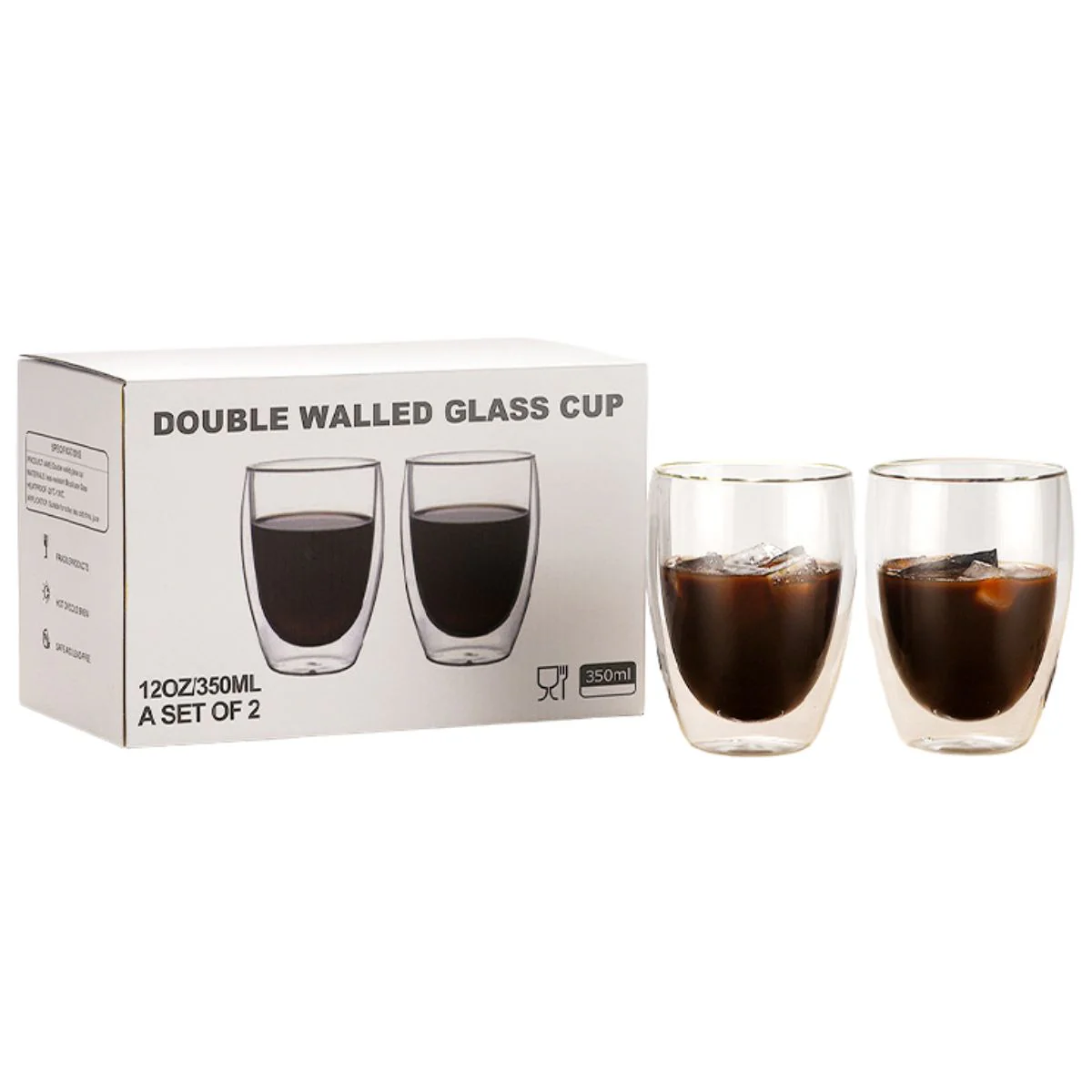 Tazas Vasos De Vidrio Con Doble Pared 350 Ml (11.8 Oz). Para Café, Té Y Bebidas Frías O Calientes. (Set De 2 Piezas)