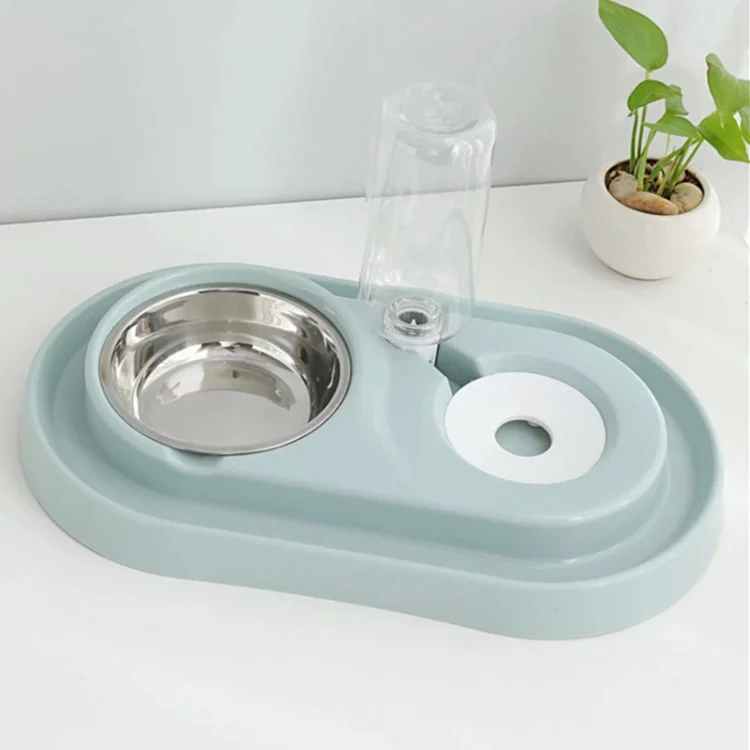 Tazón Doble De Agua Y Alimento Para Mascotas Con Base Y Soporte De Plastico. Color Gris